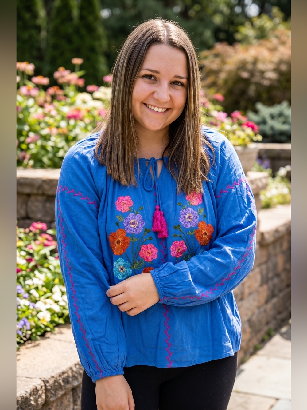 Easel Floral Embroidered Blue Peasant Top